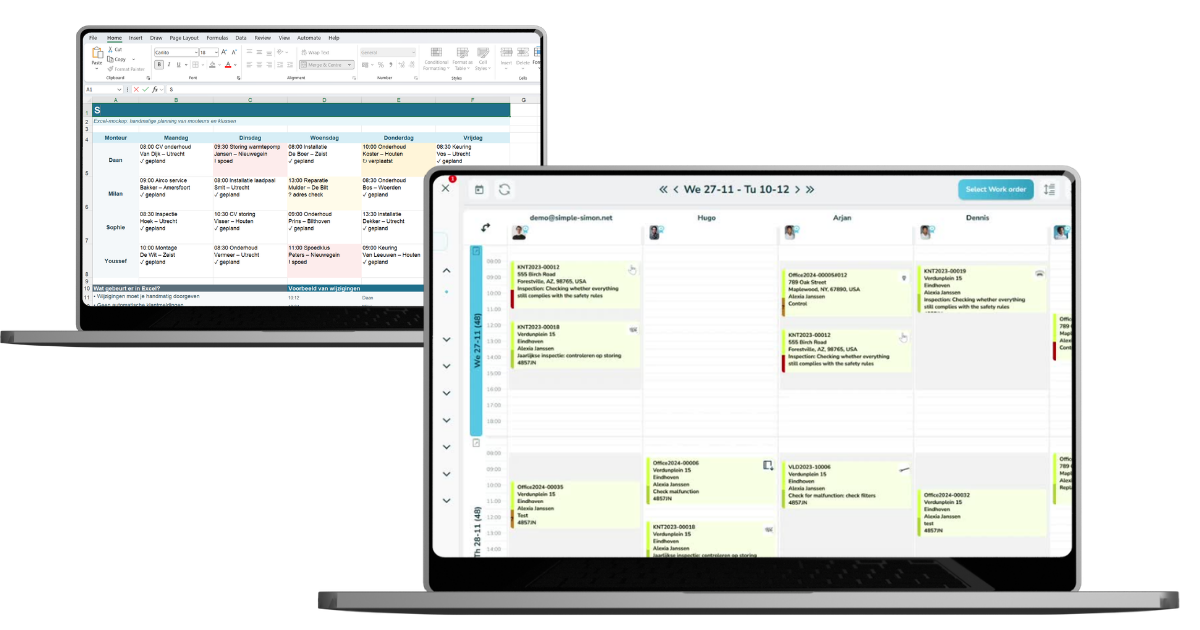 Vergelijking tussen personeelsplanning in Excel en het digitale planbord van Simple-Simon.