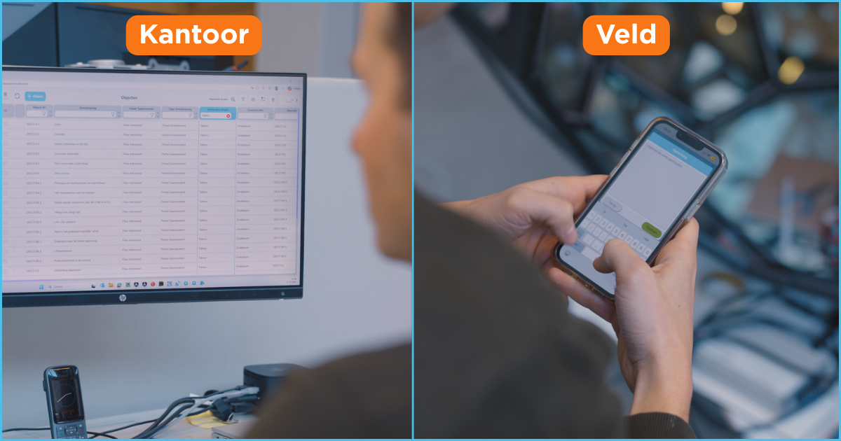 Planner beheert objecten in de Simple-Simon office-omgeving terwijl een monteur de mobiele app gebruikt.