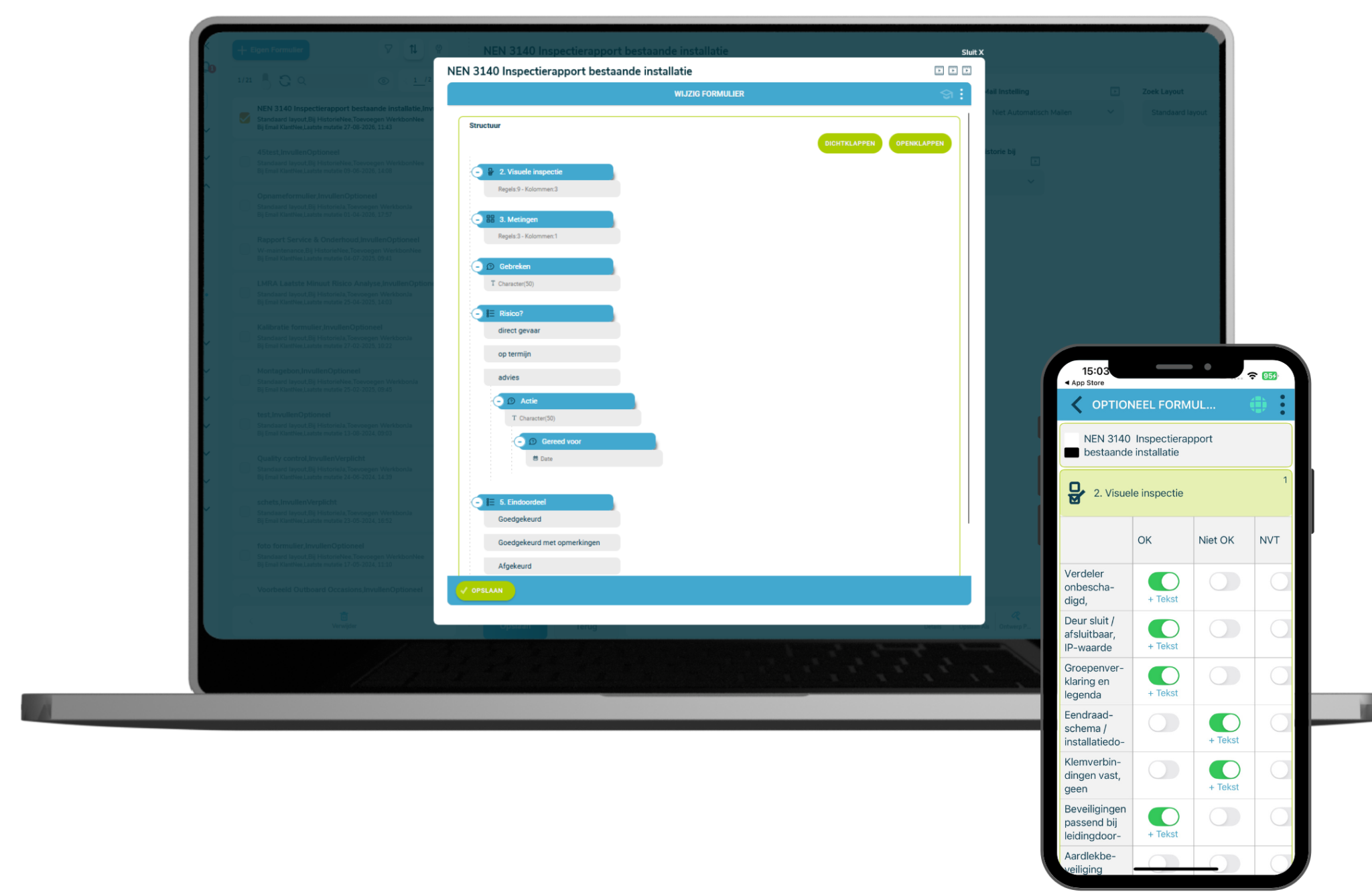 Digitaal NEN 3140-inspectieformulier in Simple-Simon op laptop en smartphone.