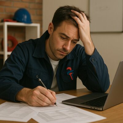Man van installatiebedrijf met hand in het haar, schrijft iets op papier aan een rommelige bureau met laptop.
