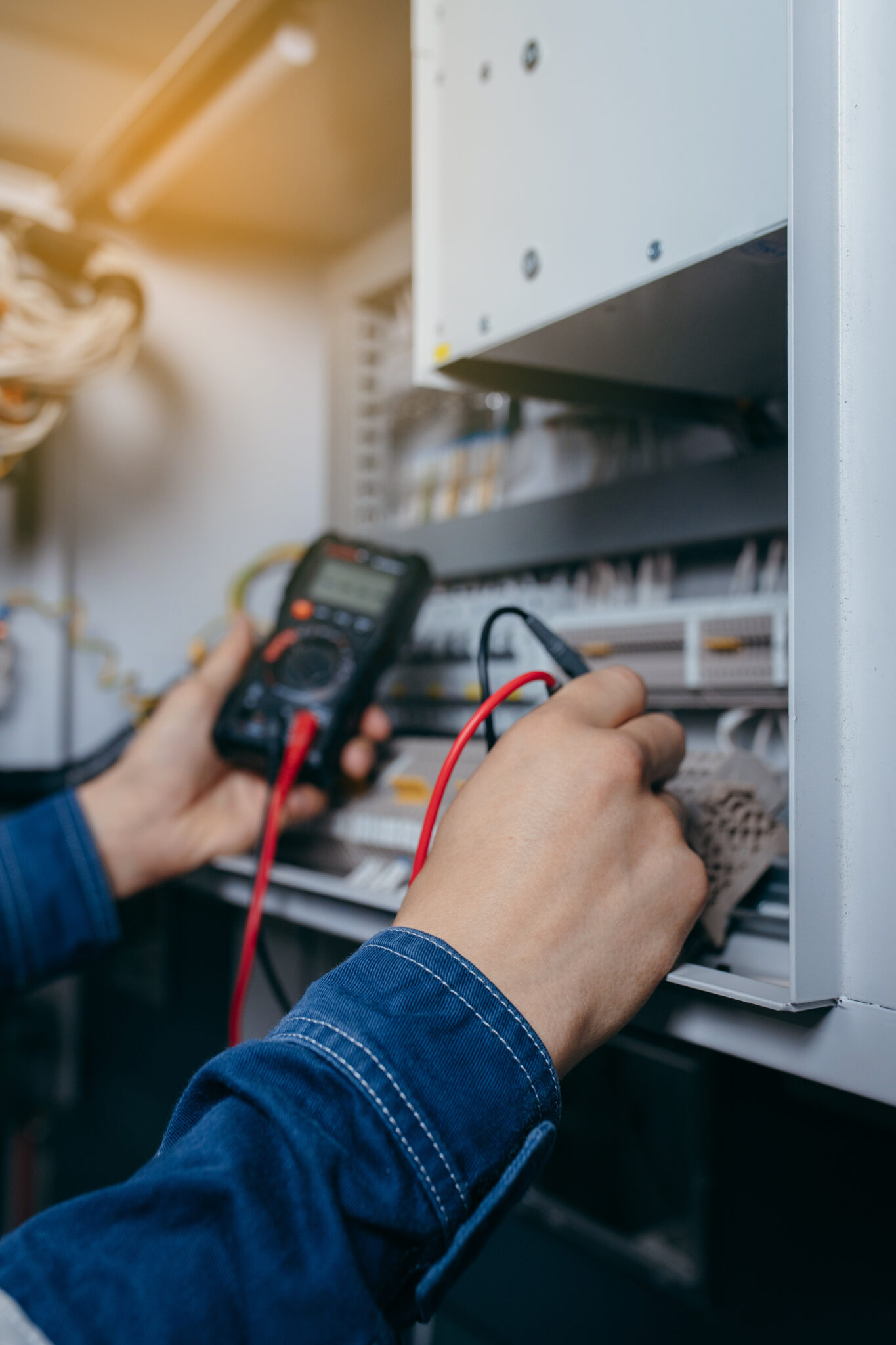 Elektricien meet de spanning in een groepenkast om overbelasting en brandgevaar te voorkomen.