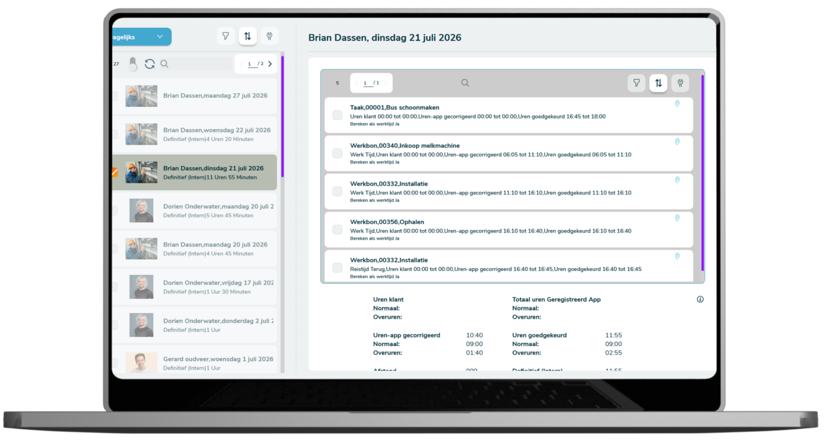 Dashboard voor urenregistratie en goedkeuring van gewerkte uren in de Simple-Simon werkbonsoftware.