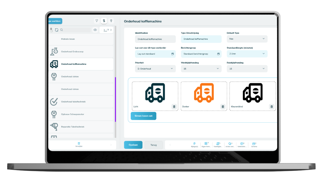 Simple-Simon werkbon software voor het instellen van werkbontypes en onderhoudswerkzaamheden.
