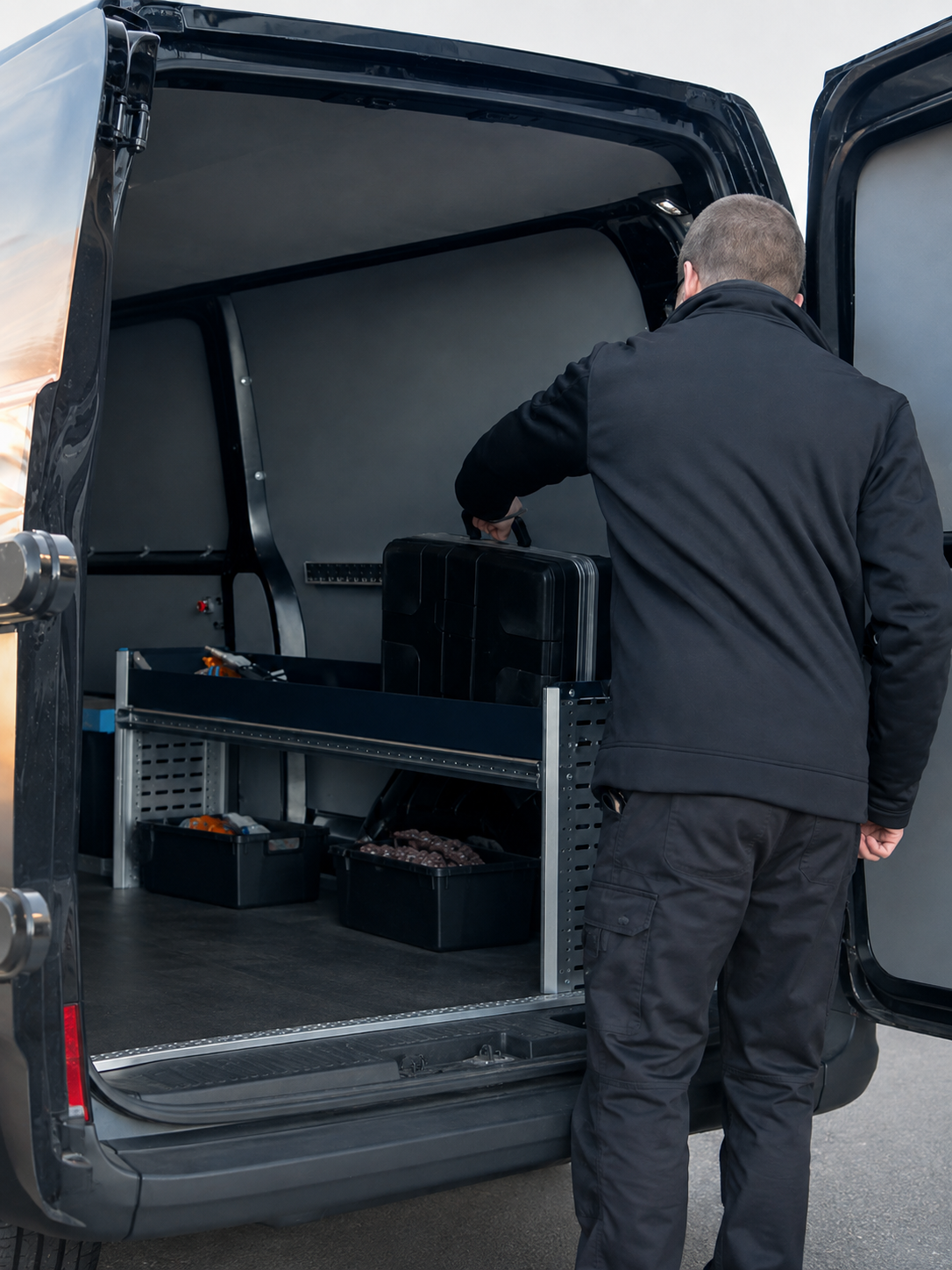 Monteur pakt gereedschapskoffer uit een servicebus.