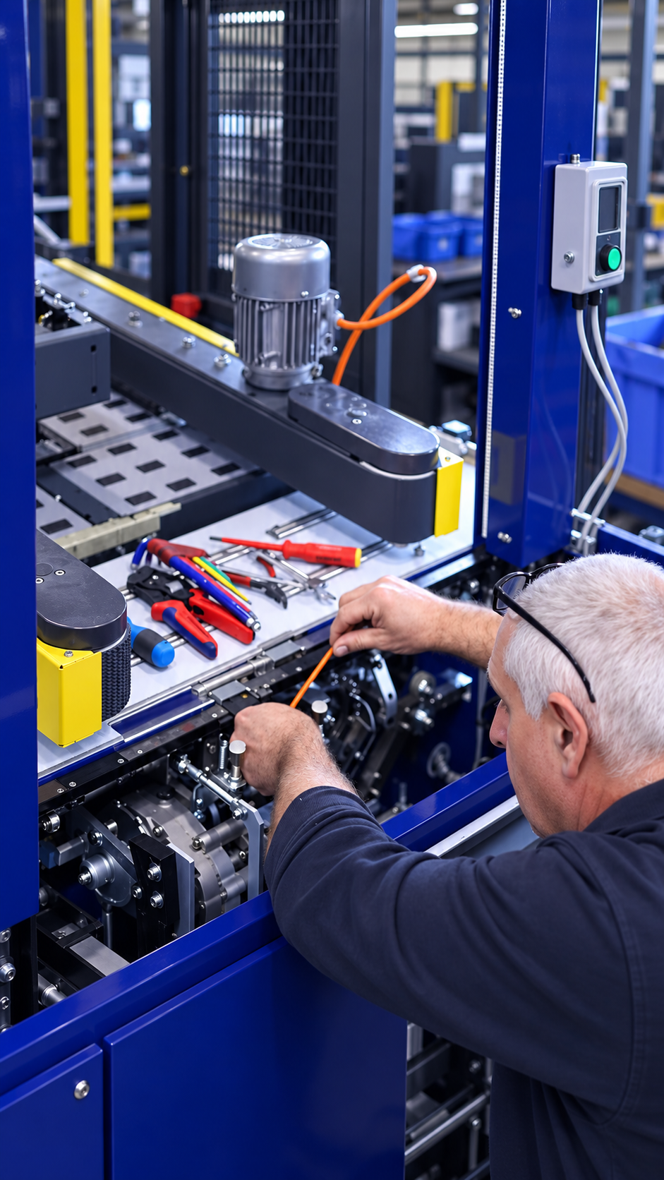 Monteur voert onderhoud uit aan een industriële machine in een werkplaats.