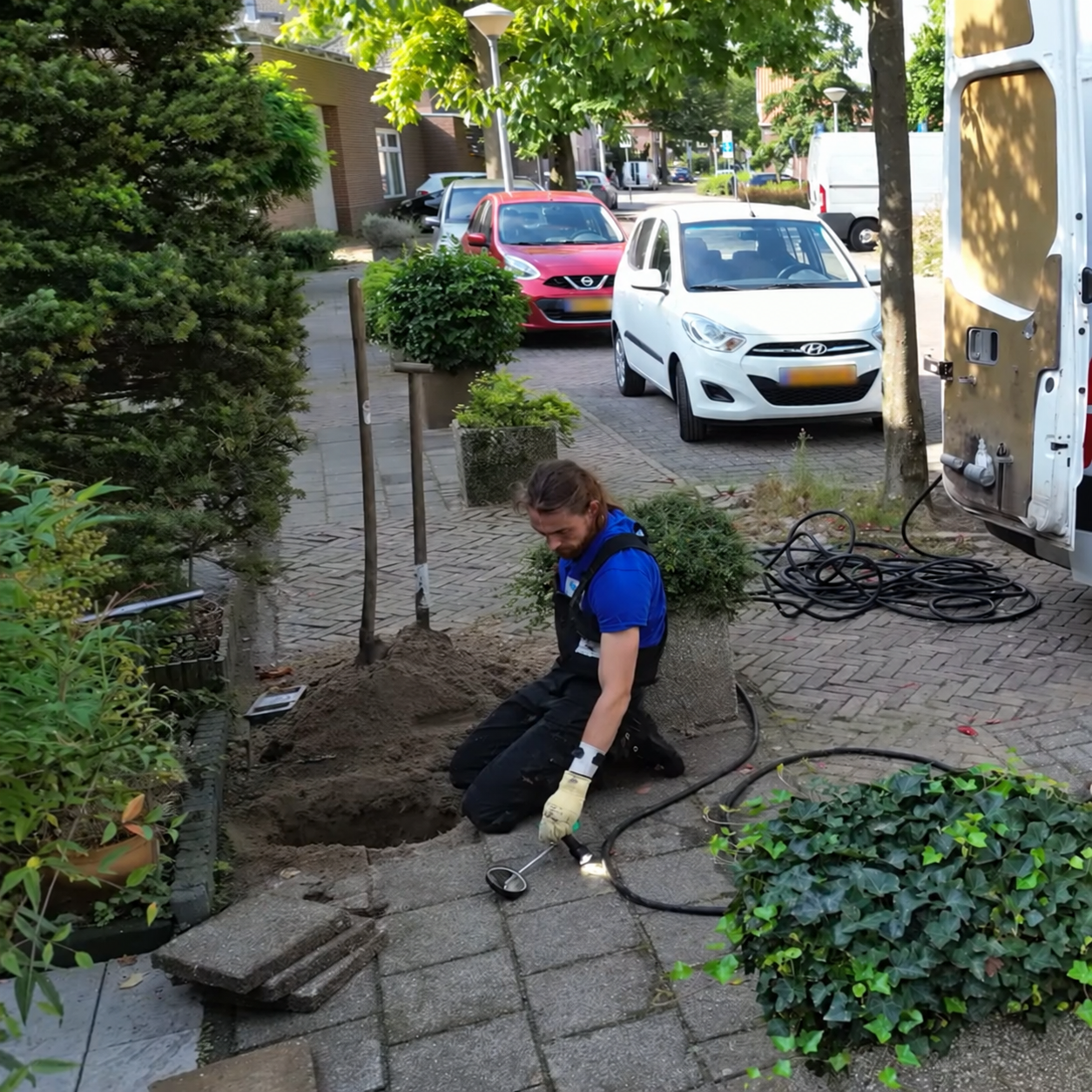 Monteur werkt aan een ondergrondse leiding in een woonwijk.