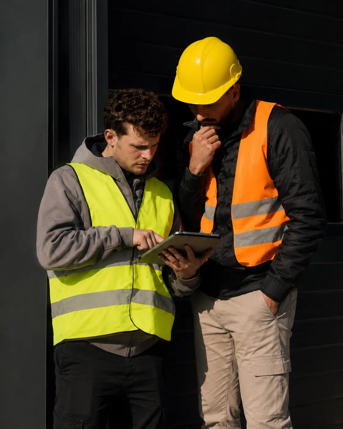 Monteurs bekijken samen een digitale werkbon op een tablet tijdens een buitendienstklus.